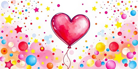 Vibrant watercolor heart balloon floats amidst colorful stars and circles,  fantasy,  texture