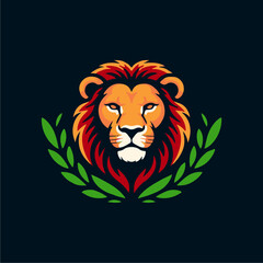 A stylized illustration of a lion's head, framed by green leaves, against a dark background.