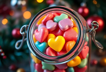Close-up of vibrant heart candies in a glass jar, festive setting,  delicious,  green
