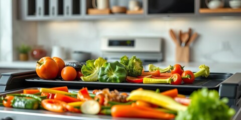 Vibrant vegetables sizzle on a sleek electric grill in a modern kitchen,  kitchen,  cooking equipment