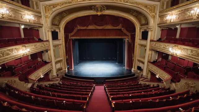Panorama of theater stage and auditorium [4K]