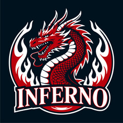 Fiery red dragon emblem, Inferno logo, encircled by flames.