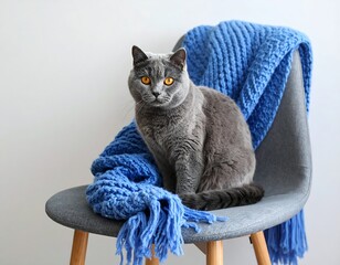 Gray cat sitting on chair with blue blanket