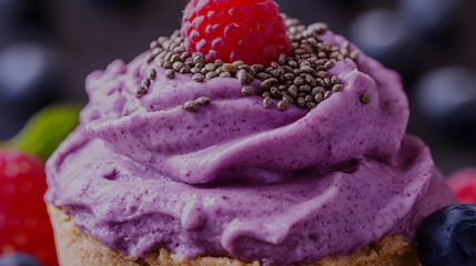 A purple cupcake with a raspberry on top, garnished with sprinkles, next to blueberries and raspberries.