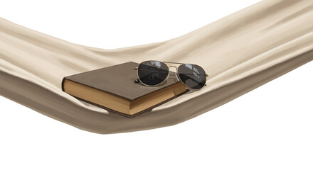 Serene Hammock Escape: Book Sunglasses and Tranquil Beige Fabric.