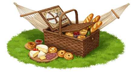 Wicker Picnic Basket with Gourmet Food and Hammock on Green Grass.