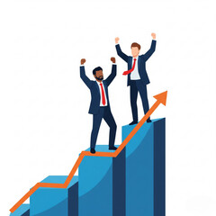 two business people in suits standing on the top of the graph with raised arms.