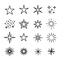 Decorative star icons collection in black and white hand drawn sketch style