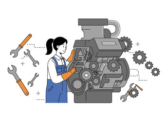 Woman in overalls repairs a large engine with tools scattered nearby
