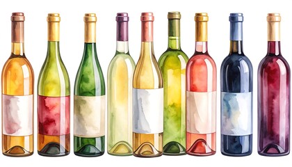 Watercolor artistry showcasing an array of wine bottles in diverse hues and shapes