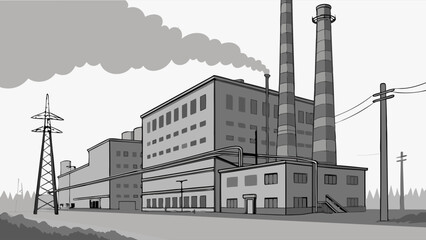 Fototapeta premium Industrial Factory Complex with Smokestacks Against Cloudy Sky in Urban Setting