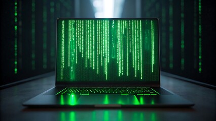 Laptop with glowing green digital code in dark server room representing cybersecurity
