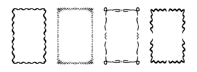 Hand drawn wavy frame set. Black curly ribbon border collection. Vector doodled lace cadre frames. Curved squiggly rectangle border pack for invitation, wedding party, birthday, greeting design