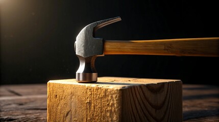 Metal hammer with wooden handle resting on wooden block in workshop
