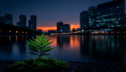 Fototapeta premium Cityscape at dawn, a small plant