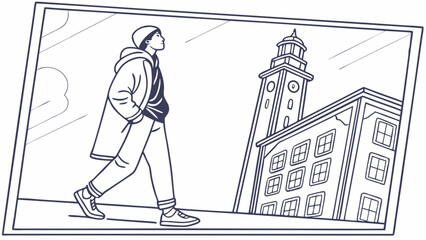 Person Walking Through an Urban Setting with Clock Tower in Background