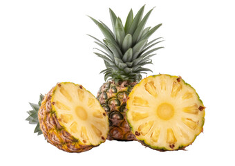 fresh pineapple and halves on white background.