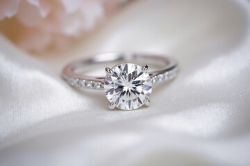 Sparkling diamond ring on a soft fabric.