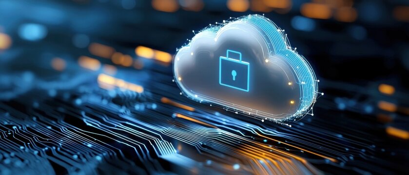 A futuristic digital security system with blue encrypted cloud networks, representing the protection of data and communication in a high-tech, innovative environment.