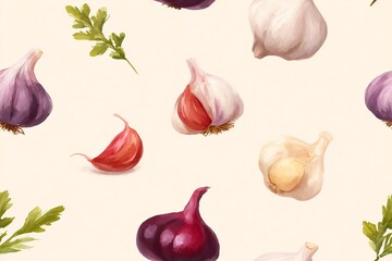 Fresh garlic and red onion bulbs with green parsley on a light background. Food seamless pattern for cooking elements.