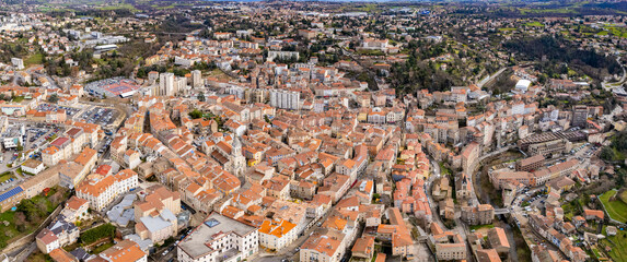 Aerial panorama view of the city Annonay in France on a sunny autumn day	