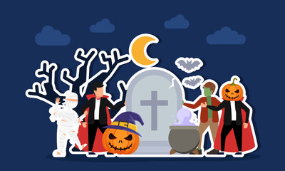 vampire scary faced pumpkins mummy and zombie monster near a tombstone and a cauldron with potion illustration for halloween day appreciation