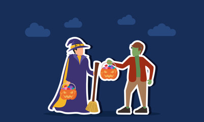 zombie monster gives a scary pumpkin candy bucket to a witch who also carries a pumpkin candy bucket and a flying broom illustration for halloween day appreciation