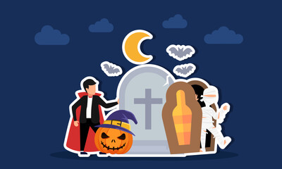 mummy rises from a coffin near a tombstone with a vampire and scary faced pumpkins illustration for halloween day appreciation
