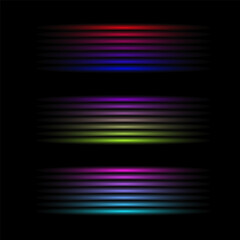 Collection light ray lines glowing horizontal effect color shine futuristic laser beam element for show effect banner poster. Vector illustration