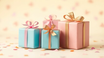 Elegant gift boxes in pastel hues, wrapped with delicate ribbons, suggest celebration, generosity, and special occasions