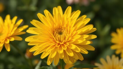 Obraz premium Close up detailed view of a bright yellow flower with many petals blooming in a garden setting