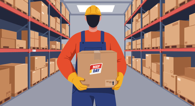 May Day Warehouse Worker: Cartoon Illustration of Labor Day Celebration. - Powered by Adobe