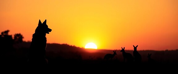 Silhouetted Dingo Watching Kangaroos Sunset
