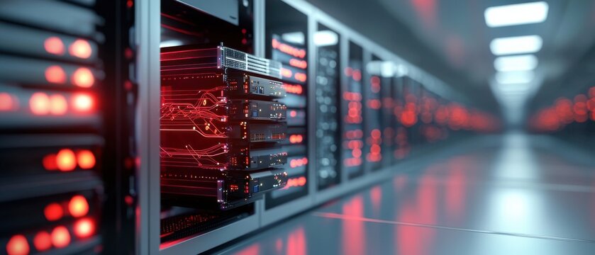 Futuristic digital storage concept with floating cloud technology representing the progress and evolution of data computing and information management.