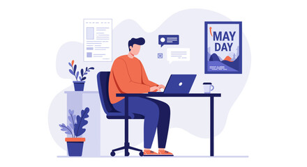 Man Working on Laptop on May Day: Flat Design Illustration.