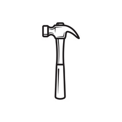 The hammer head and handle are clearly depicted in a minimalist, outline-style illustration. This type of icon or symbol is commonly used to represent tools, construction, or repair-related concepts i