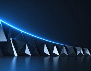 Geometric Wall with Neon Blue Accent Lighting and Reflective Floor.