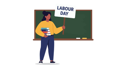 Teacher Holding Labour Day Sign with Books in Front of Chalkboard.