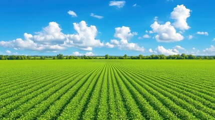 Green agriculture field landscape rural outdoors nature. Crop plantation field. Farming nature landscape, outdoors rural environment, agriculture panoramic format, professional stock image.