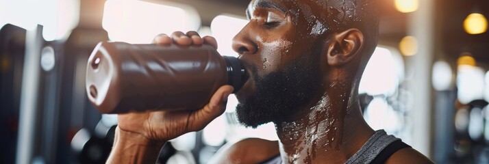 A fitness enthusiast at the gym sipping on cacao water from a durable plastic sports bottle with sweat glistening on their forehead.
