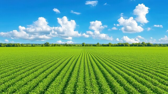 Green agriculture field landscape rural outdoors nature. Crop plantation field. Farming nature landscape, outdoors rural environment, agriculture panoramic format, professional stock image.