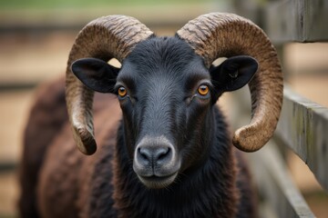 Close-up of a black sheep with large horns.