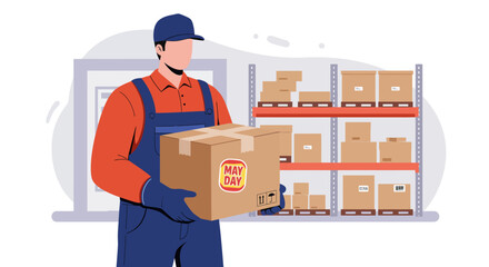 Delivery Worker Holding May Day Box in Warehouse Vector Illustration.