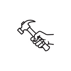 The hammer head and handle are clearly depicted in a minimalist, outline-style illustration. This type of icon or symbol is commonly used to represent tools, construction, or repair-related concepts i
