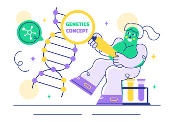 Genetics Vector Illustration featuring Science with DNA Molecule Structure, Research, and Experiment Scientists in a Technological Flat Background