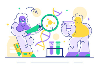 Genetics Vector Illustration featuring Science with DNA Molecule Structure, Research, and Experiment Scientists in a Technological Flat Background