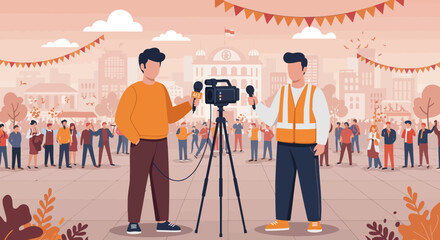 Live News Report: City Festival Crowd Two Reporters Interviewing Amidst Festive Atmosphere.