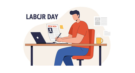 Labour Day: Man Reviewing Job Application Modern Flat Illustration.