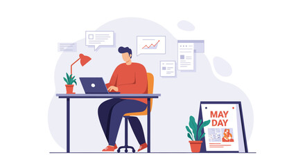 May Day Office Scene: Man Working at Desk with Laptop and Calendar.