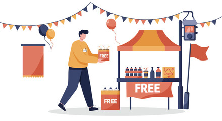 Free Drinks Promotion: Illustrated Man Offers Beverages at Festival Booth.